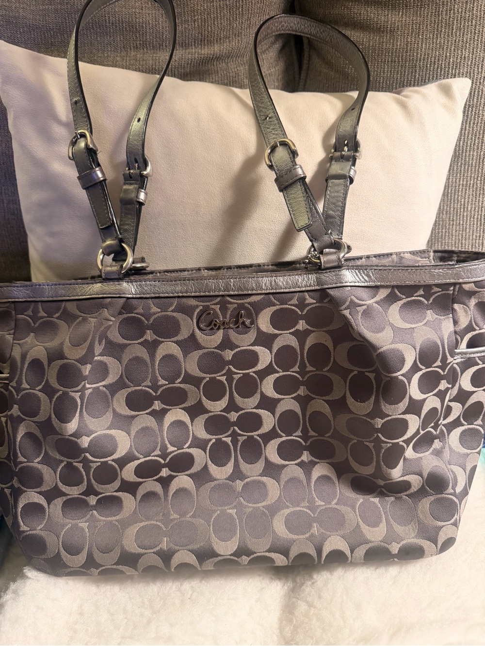 Coach Gray Signature Jacquard Tote with Metallic Trim